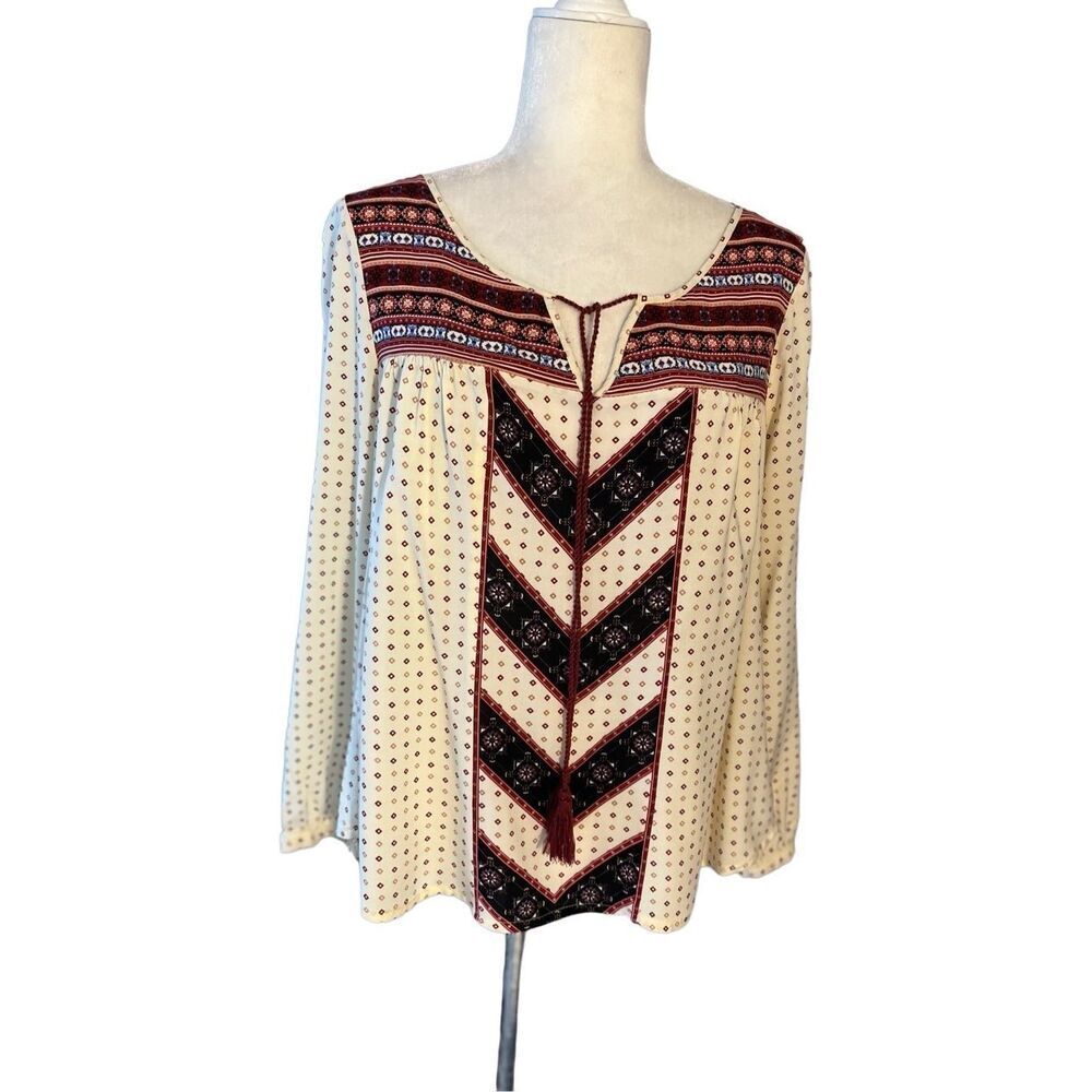 Cloud Chaser cream and maroon patterned boho long sleeve peasant blouse with tie